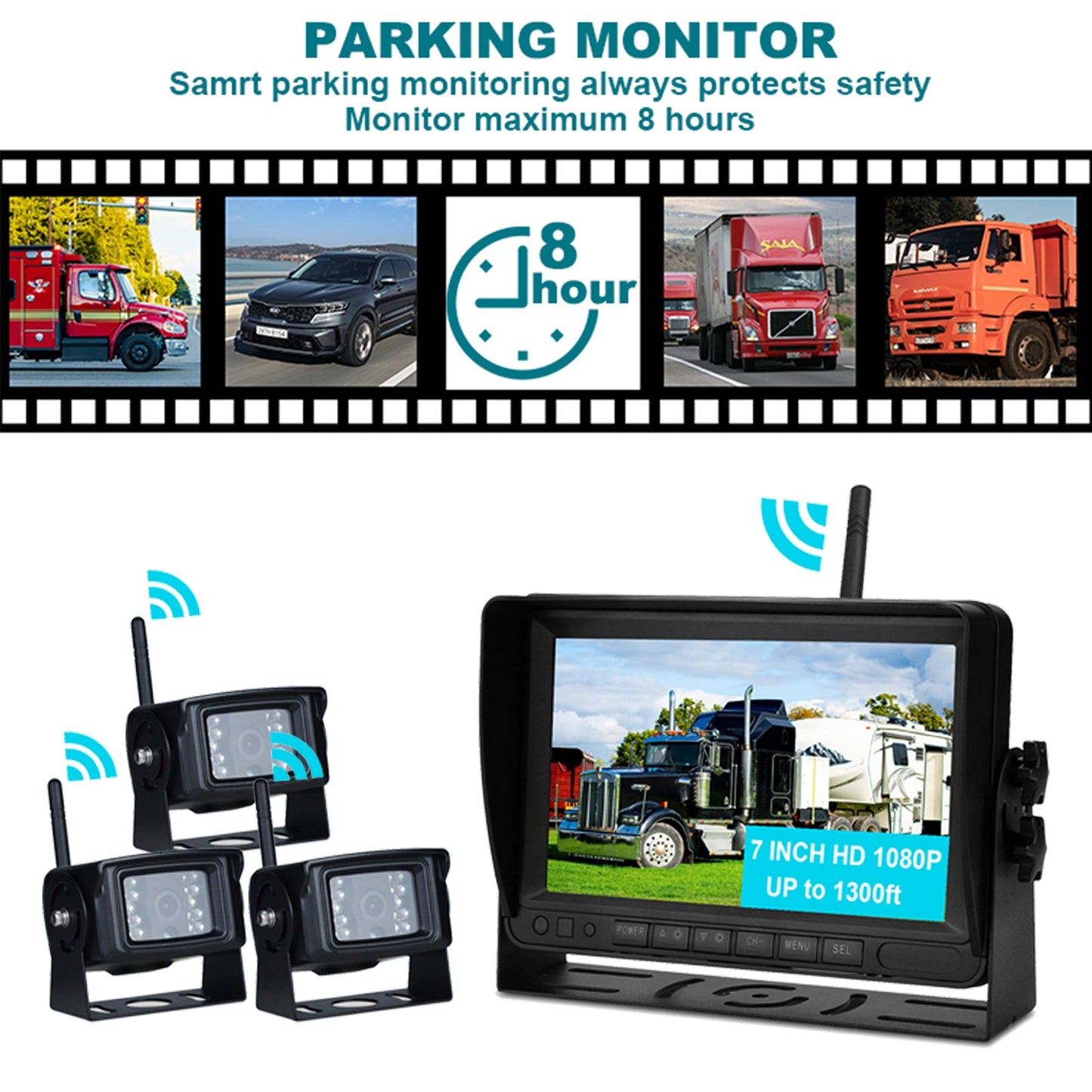 7" Display AHD 1080P Wireless 3CH Kit telecamera di retromarcia per rimorchio per camion