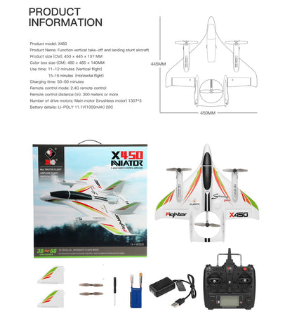 WLtoys XK X450 RC Airplane Brushless 2.4G 6CH 3D/6G LED ad ala fissa RTF