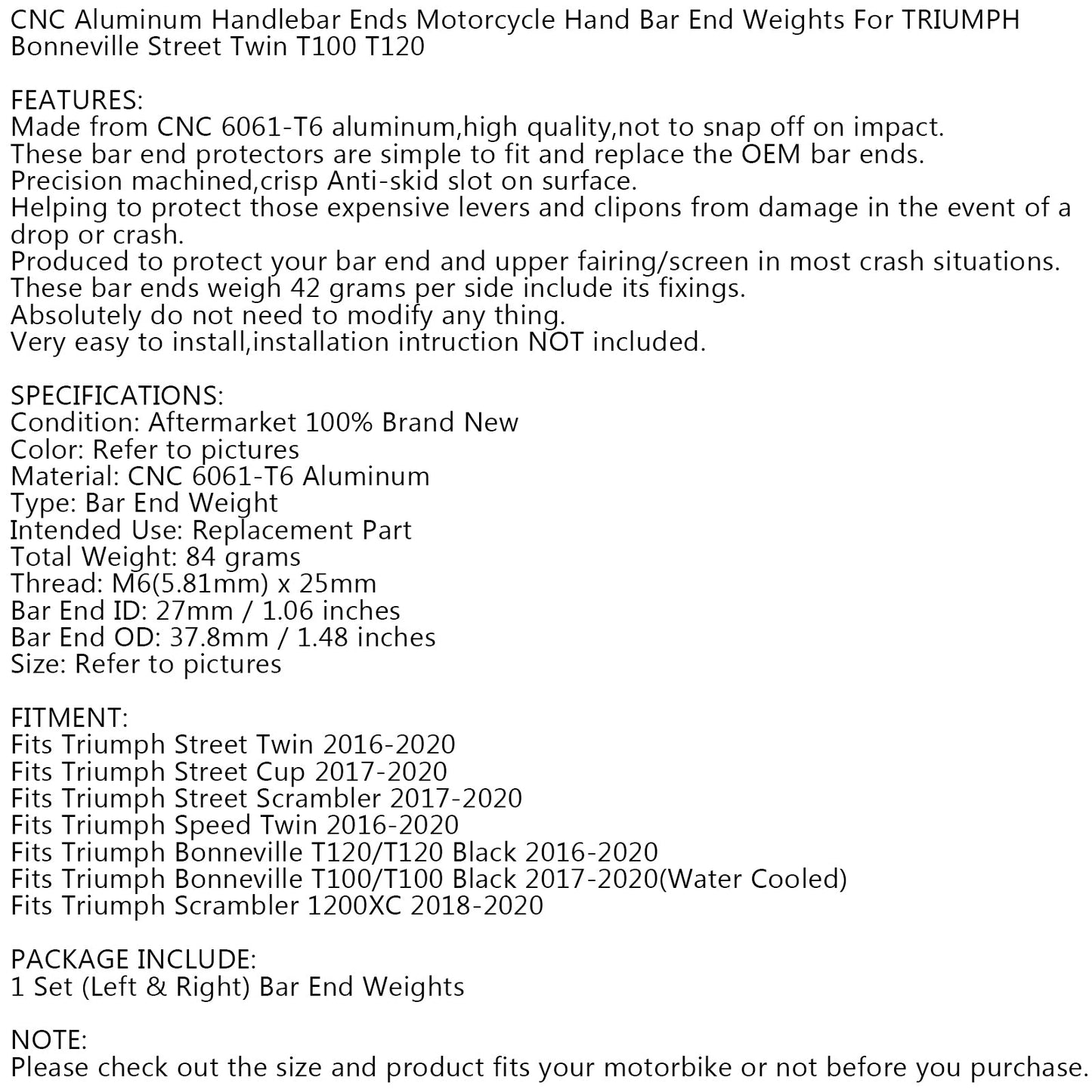 CNC Coppia Tappi Manubrio per Triumph Bonneville T100 T120 Street Twin Cup 2016-2020 Generico