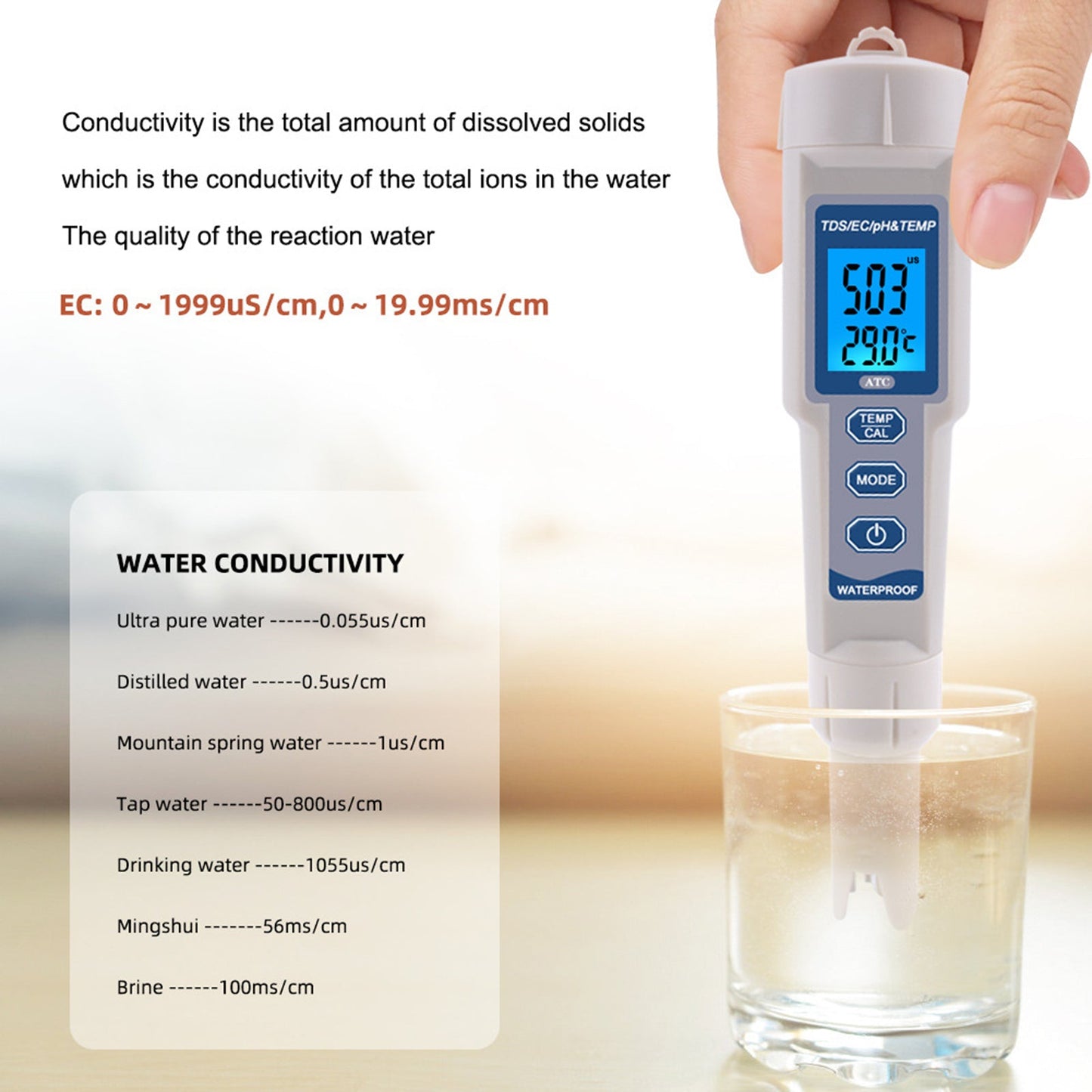 4In1 PH/TDS/EC/Misuratore di temperatura Strumento di test del tester del monitor della qualità dell'acqua digitale