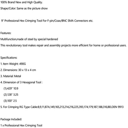 Strumento di crimpatura esagonale professionale per cavo coassiale a compressione da 9 &#39;&#39; multifunzionale per connettori F-pin/coassiali/BNC SMA tipi RG