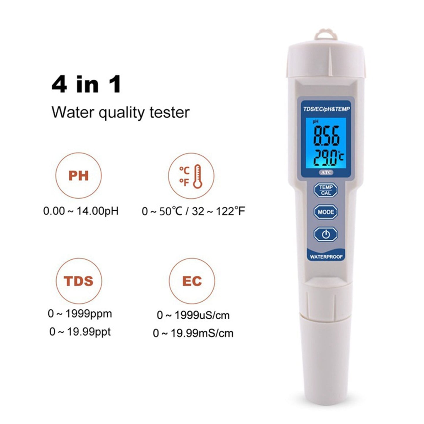 4In1 PH/TDS/EC/Misuratore di temperatura Strumento di test del tester del monitor della qualità dell'acqua digitale