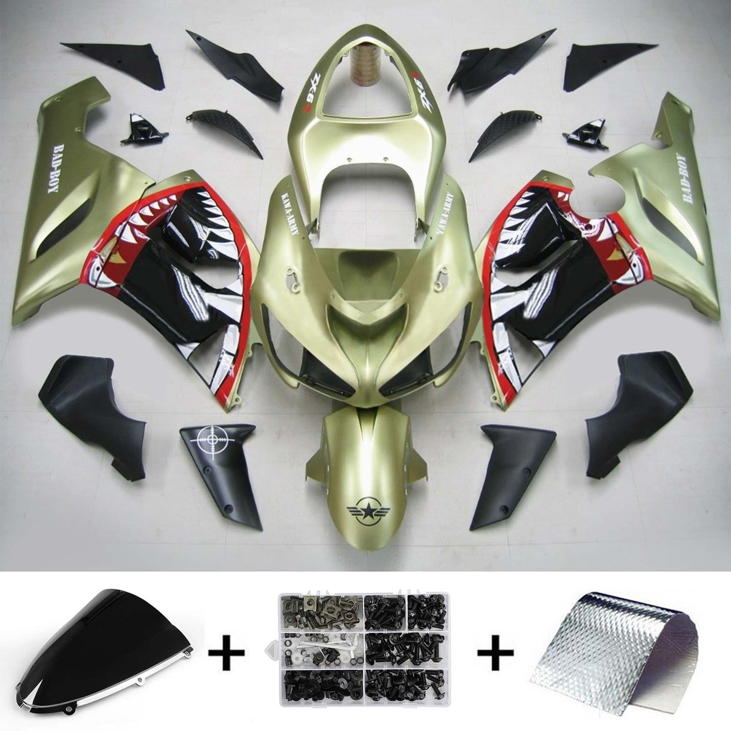 Amotopart Kawasaki 2005-2006 ZX6R 636 Kit di abbigliamento da squalo oro