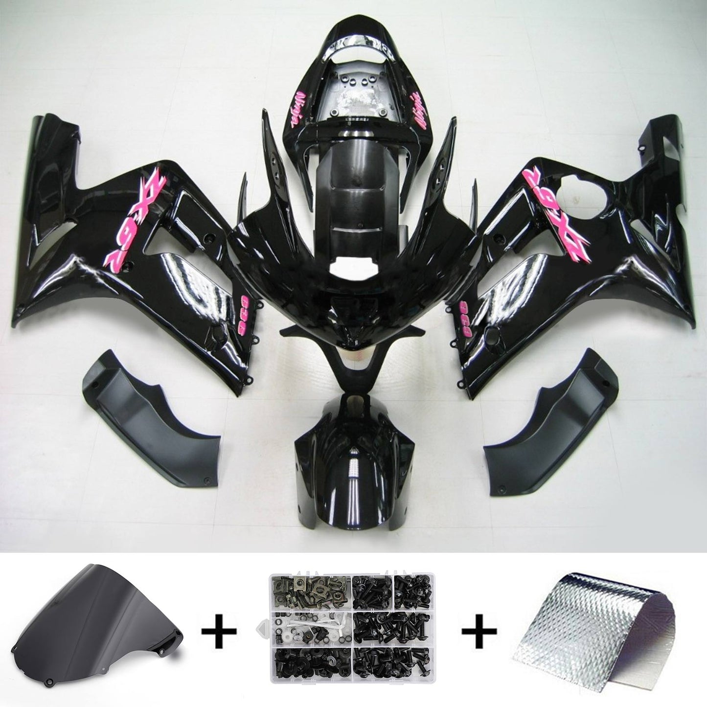 Amotopart 2003-2004 Kawasaki ZX6R 636 kit di rivestimento nero con logo rosa