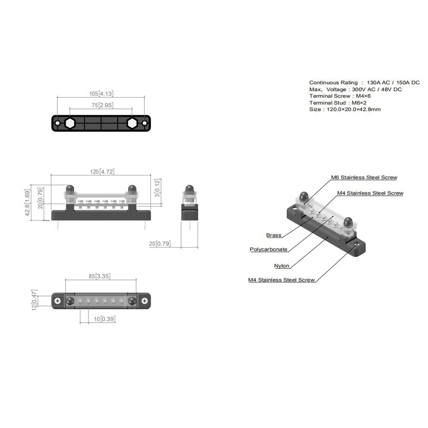 6 Way 150A Morsettiera di distribuzione Car Marine Boat Holder Cover 48V Bus Bar