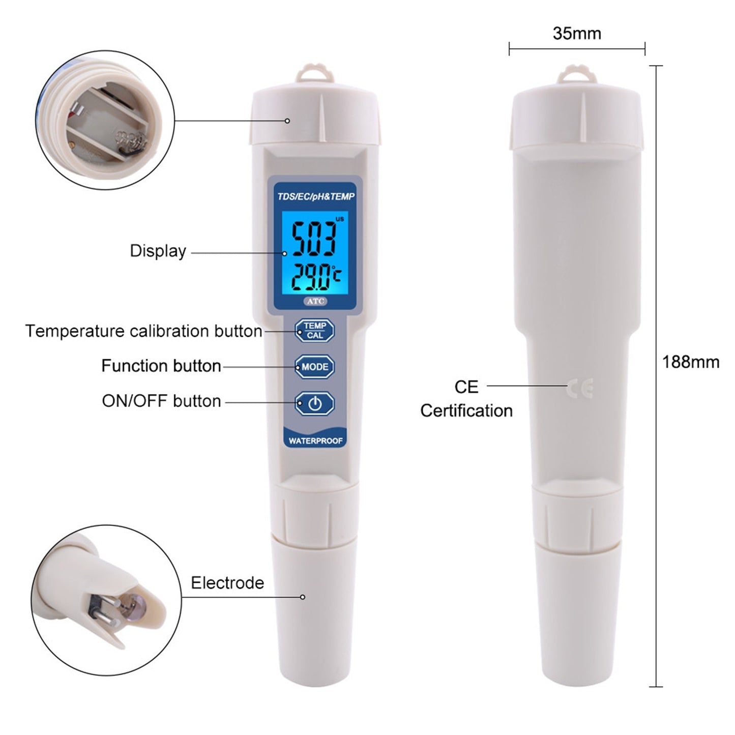 4In1 PH/TDS/EC/Misuratore di temperatura Strumento di test del tester del monitor della qualità dell'acqua digitale