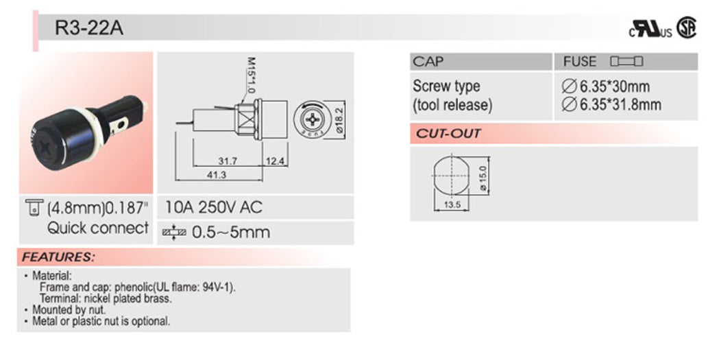 Portafusibili telaio SCI R3-22 per montaggio a pannello per fusibili in vetro 6x30mm 10A 250V