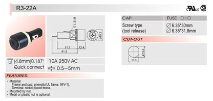 Portafusibili telaio SCI R3-22 per montaggio a pannello per fusibili in vetro 6x30mm 10A 250V