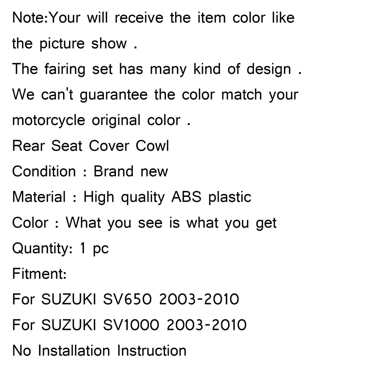SUZUKI SV650 SV1000 (2003-2013) Coprisedile passeggero passeggero posteriore Cowl 7 colori