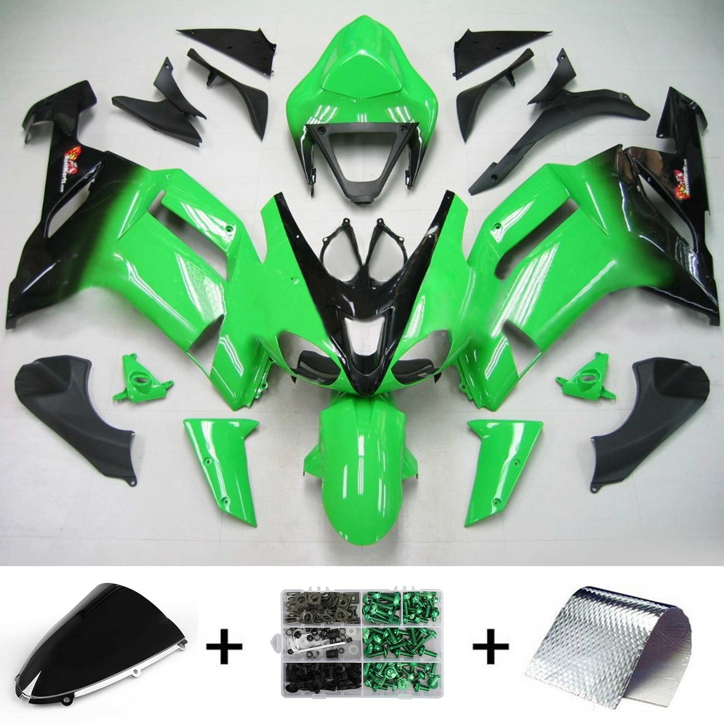 Amotopart Kawasaki 2007-2008 ZX6R 636 Kit di paura nero verde