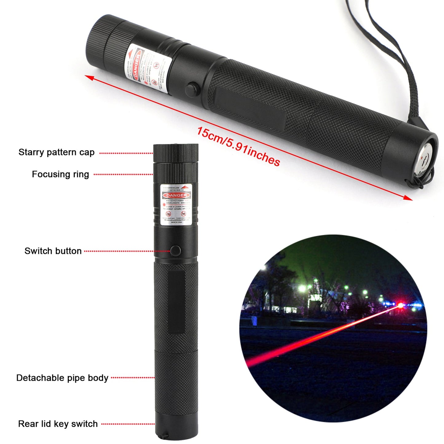 650nm Red Laser Pointer Pen Visible Beam Light Lazer + 18650 + Caricabatterie