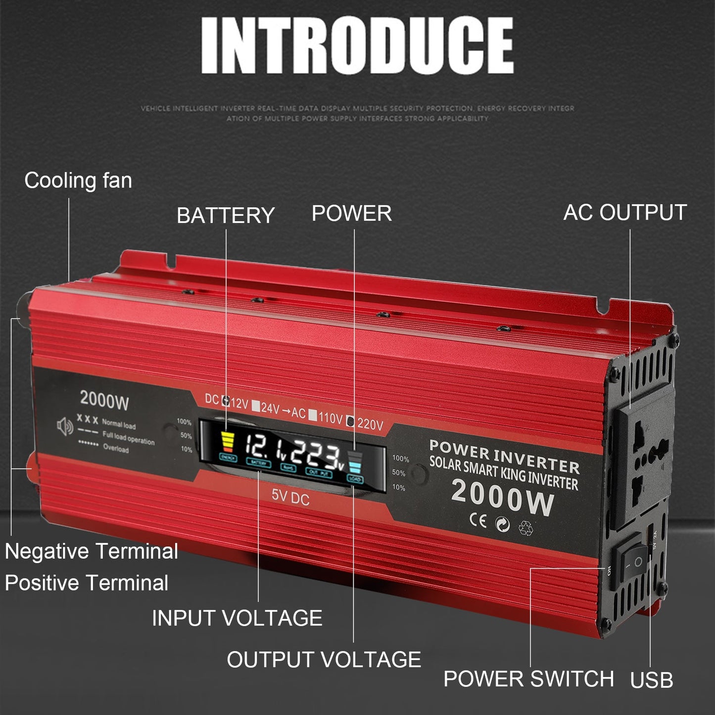 Convertitore di alimentazione per auto Convertitore DC 12V a AC 220V LCD 2000W Display LED trasformatore