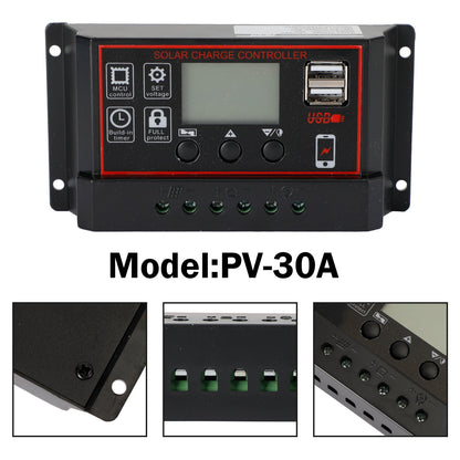 Regolatore di carica del pannello solare 10A/20A/30A PWM LCD Dual USB 12V/24V