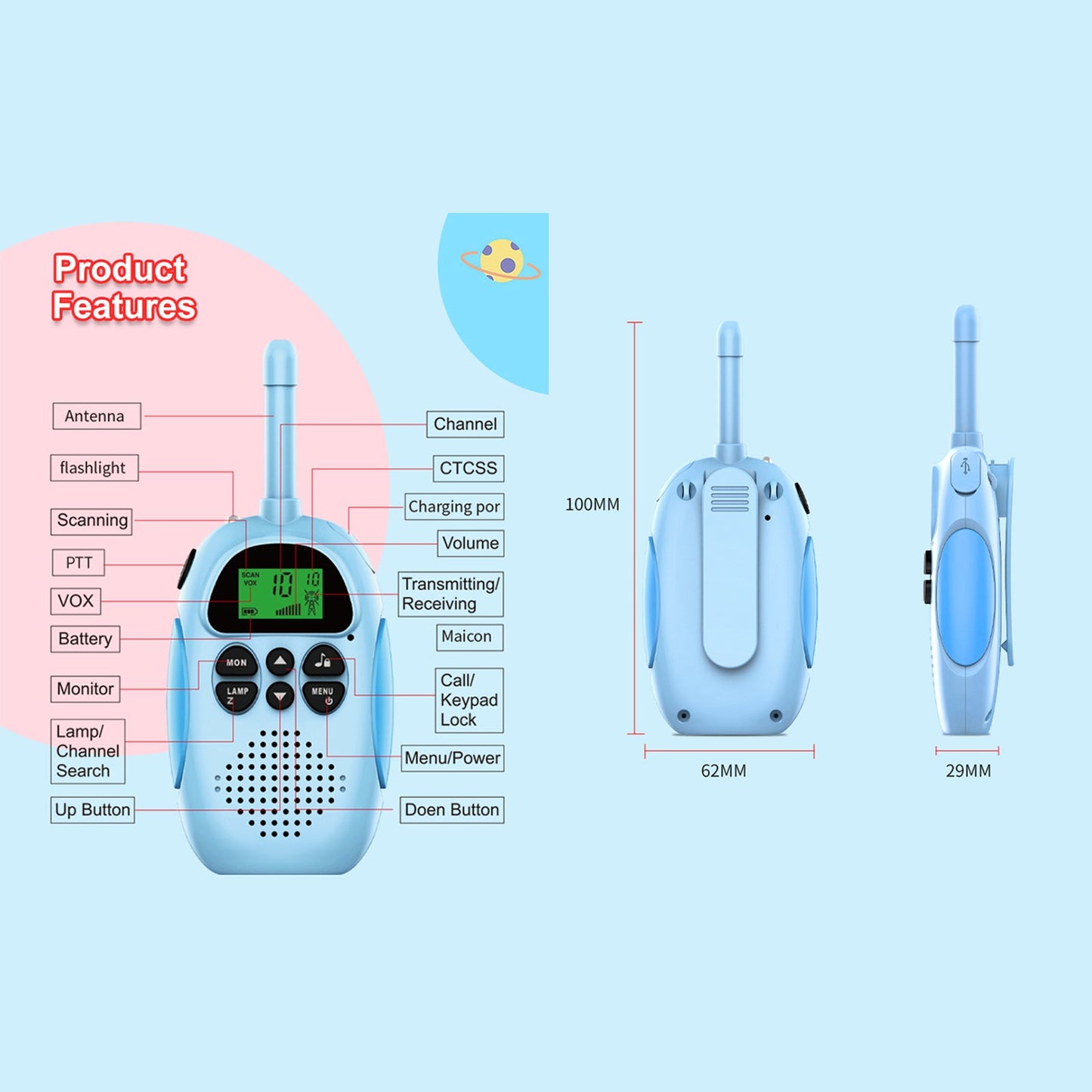 Confezione da 2 walkie talkie per bambini 22 canali radio a 2 vie portata 3 km palmare originale