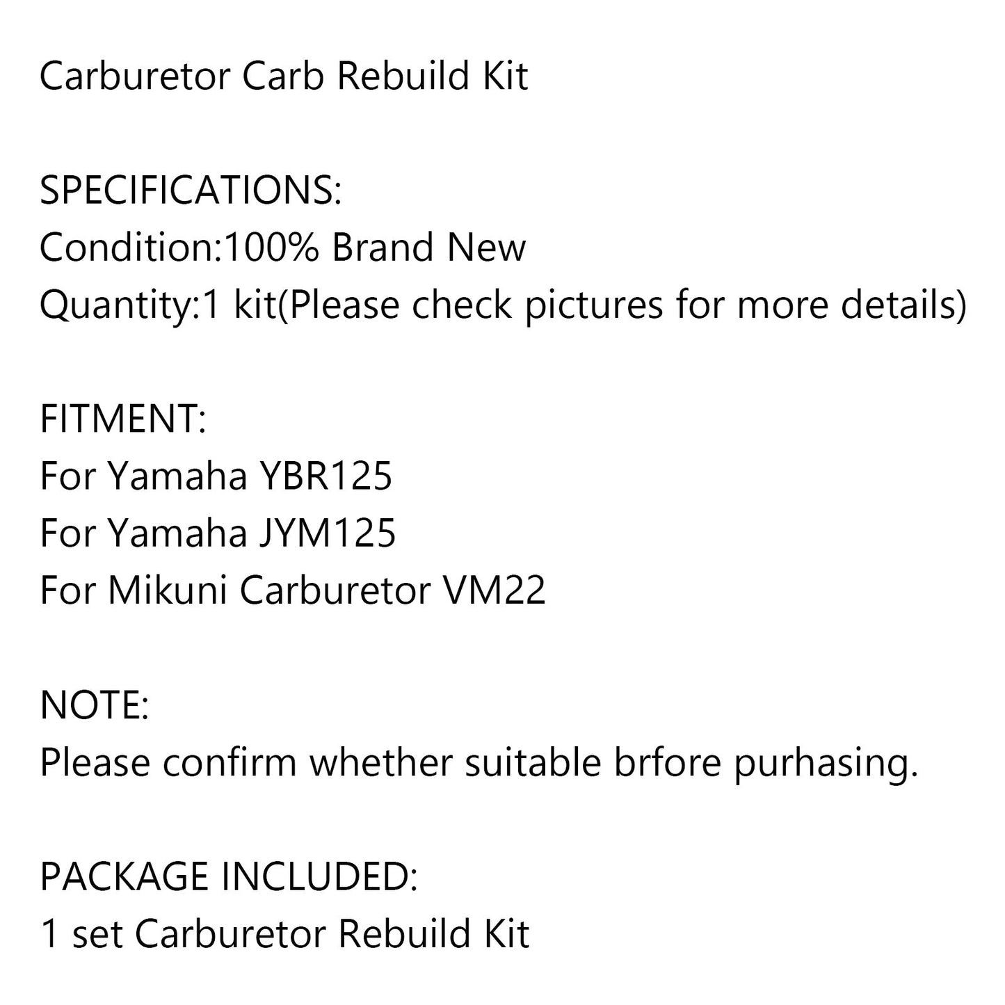 Kit di riparazione carburatore moto per Yamaha YBR125 JYM125 per carburatore VM22 generico