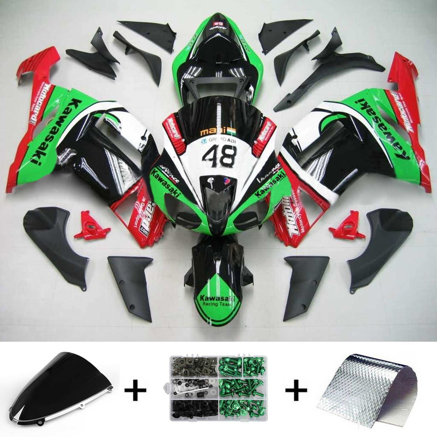 Amotopart Kawasaki 2007-2008 ZX6R 636 Kit di paura rosso verde