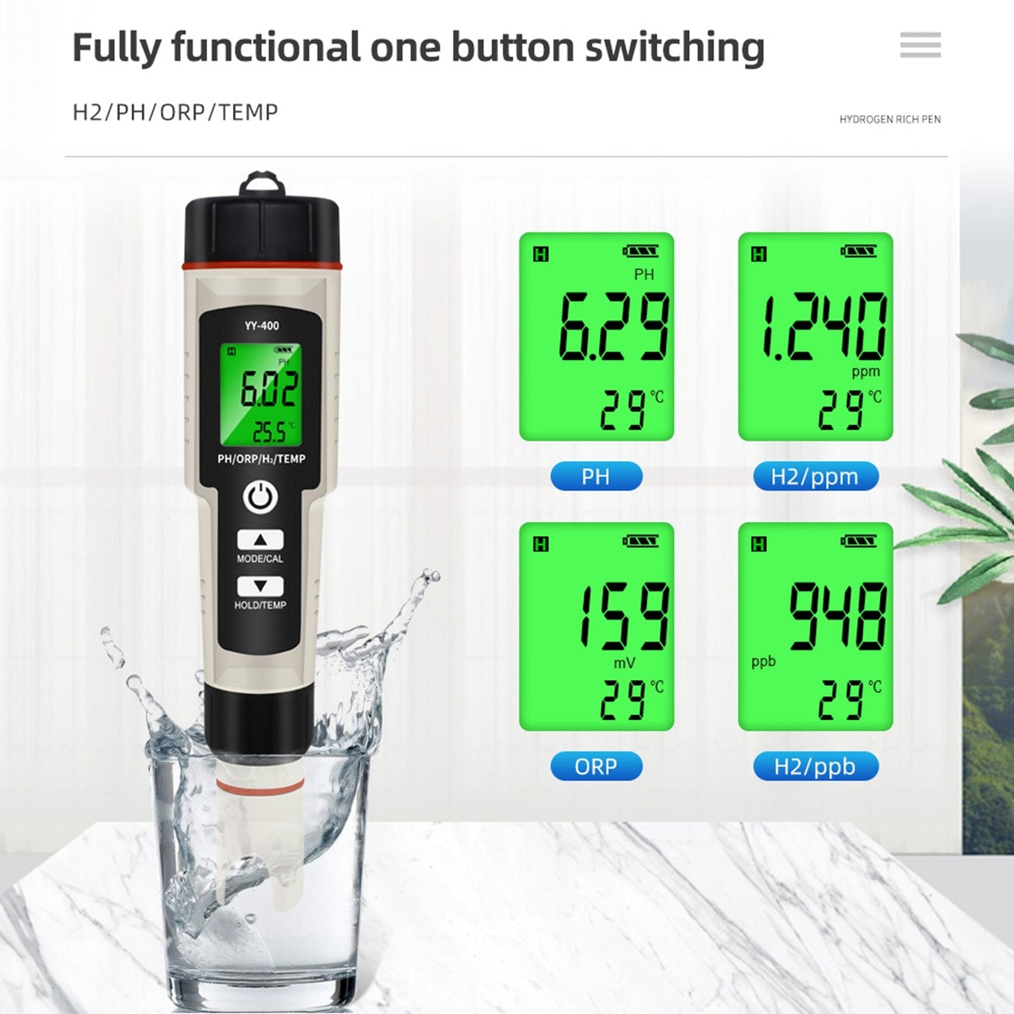 Penna per test portatile 4 in 1 ricca di idrogeno Tester per misuratore di qualità dell'acqua PH/ORP/TEMP