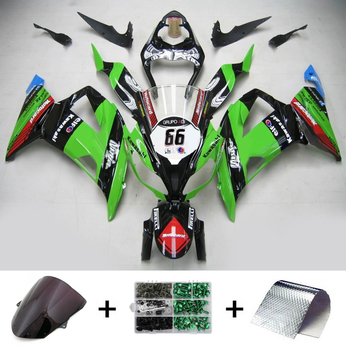 Amotopart Kawasaki 2013-2018 ZX6R 636 Green Black No. 66 Kit di spostamento