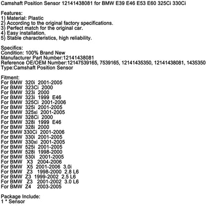 Sensore di posizione albero a camme 12141438081 per BMW E39 E46 E53 E60 325Ci 330Ci generico
