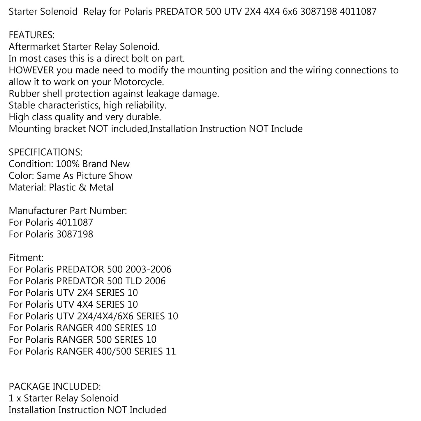 Relè di avviamento Solenoide per Polaris RANGER 400 500 SERIE 10/11 3087198 4011087 Generico