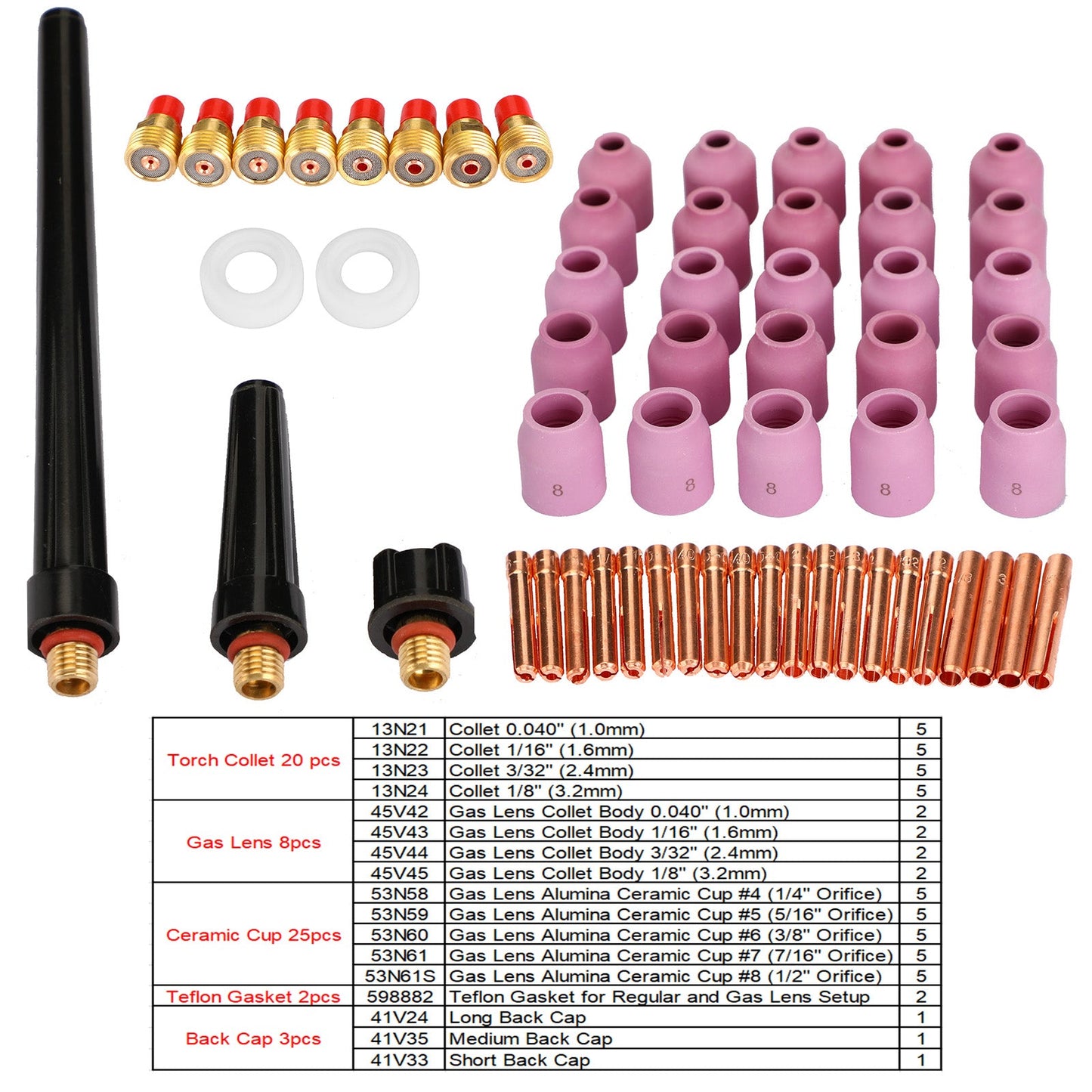 58Pcs Tig Welding Torch Stubby Gas Lens Kit di consumabili Cup per Wp-9/20/25