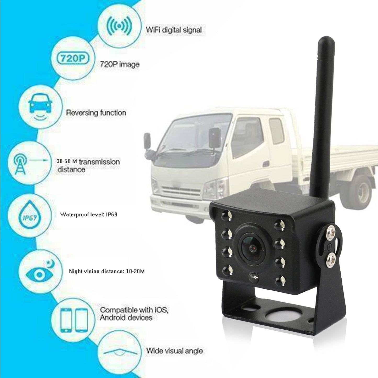 WiFi Wireless Car Truck RV Trailer Vista posteriore Telecamera di backup CCTV per iOS Android