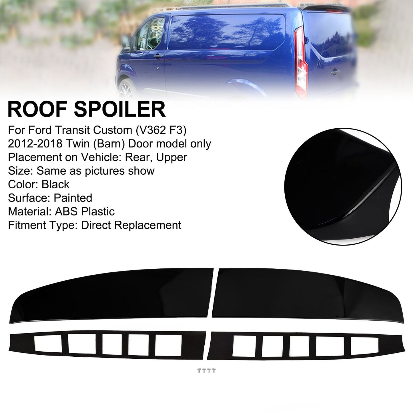 Ford Transit Custom 2012-2023 Spoiler sul tetto con doppia porta del fienile posteriore nero lucido