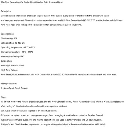 Fusibile interruttore automatico 60A AMP 12-48V DC Interruttore di ripristino automatico per barca per auto IP67