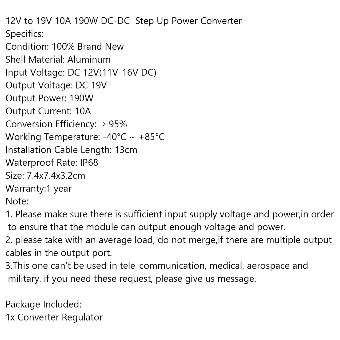 Convertitore 19V 190W 10A Boost Modulo Regolatore a 12V Alimentatori Impermeabile