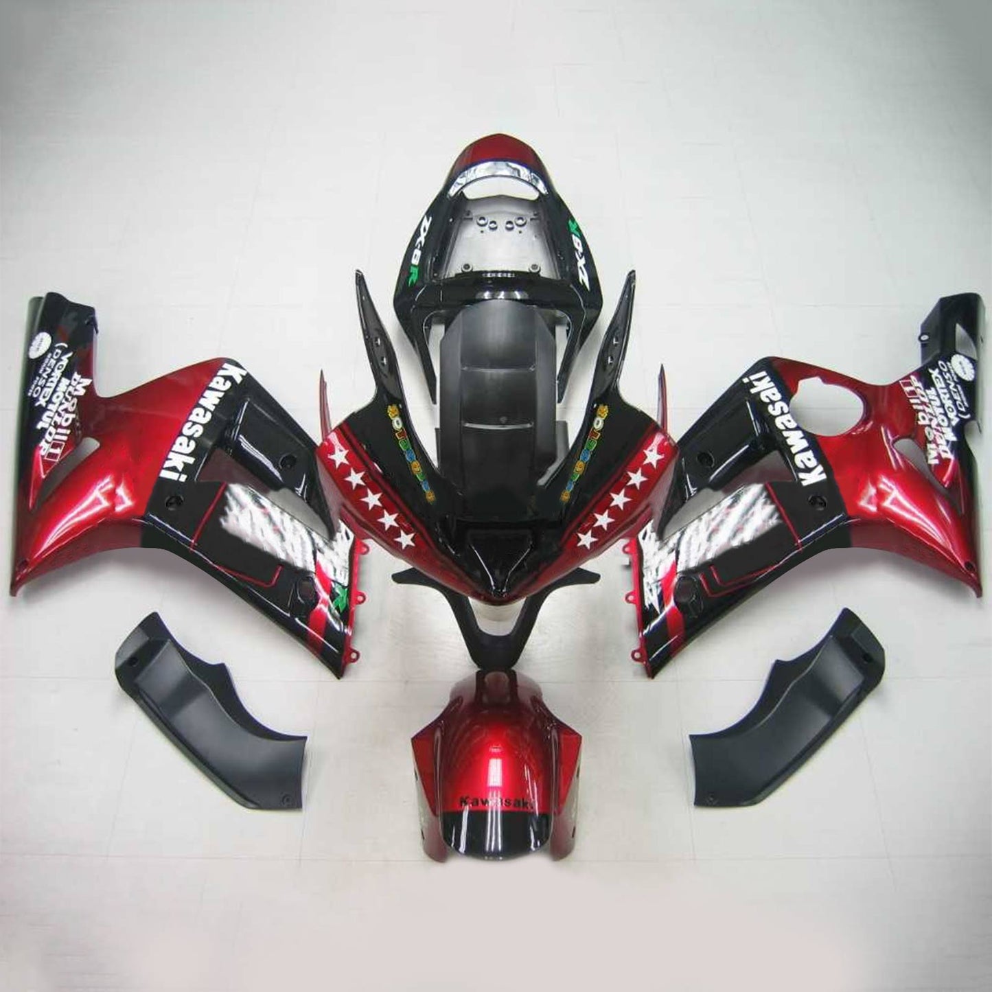 Amotopart 2003-2004 Kawasaki ZX6R 636 Kit di paura rosso nero lucido