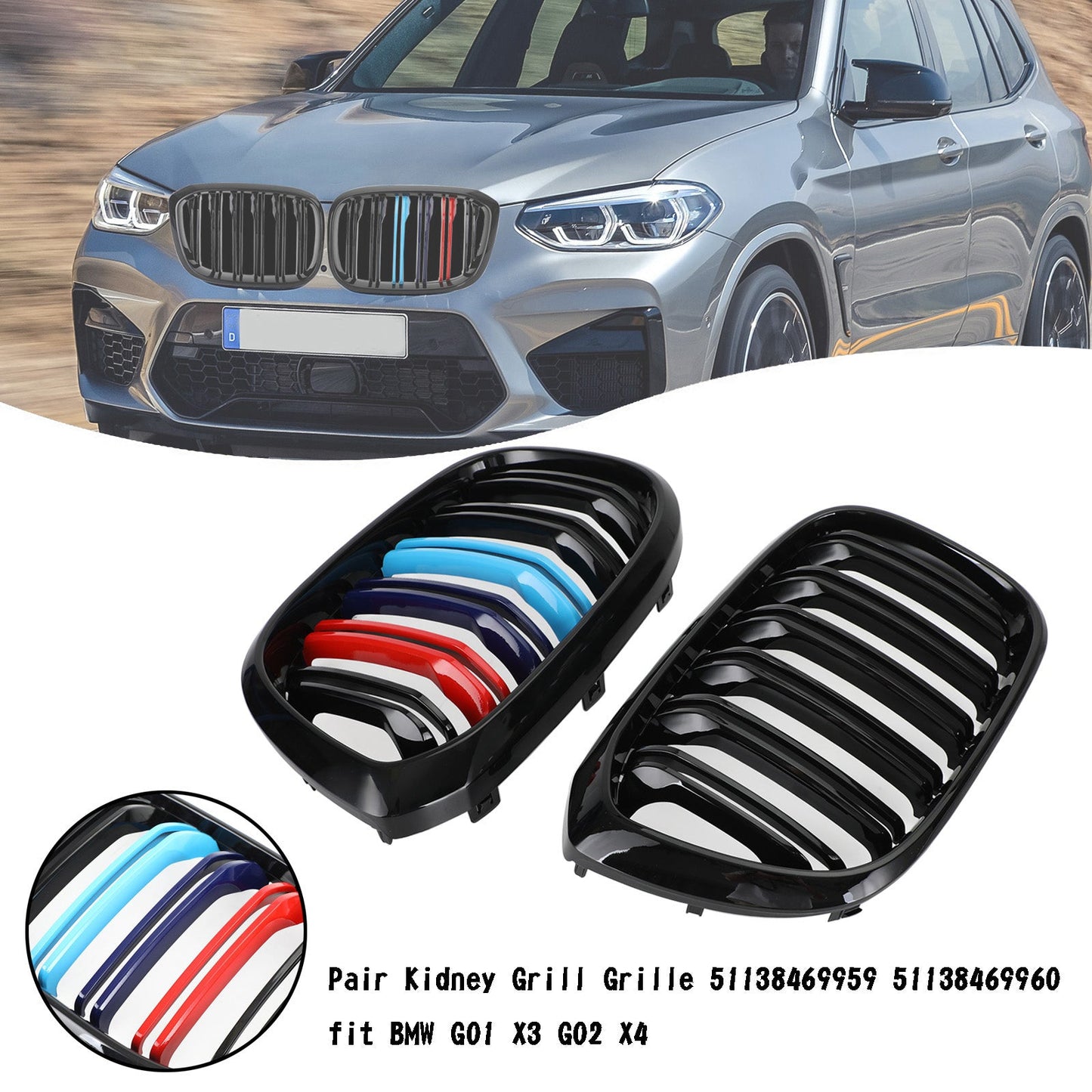 2PCS M-Color Rene Griglia Griglia 51138469959 fit BMW G01 X3 G02 X4 Nero Lucido Generico