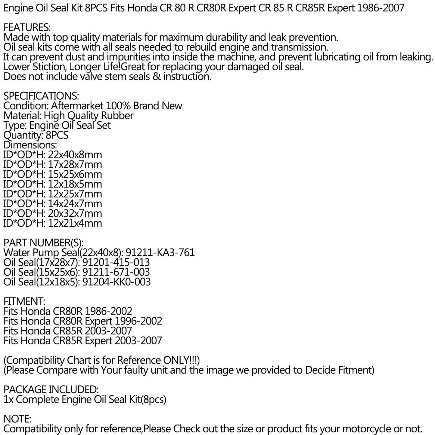 Kit guarnizioni olio motore Set 8 pezzi guarnizioni per Honda CR80R CR85R 1986-2007 cr 80r 85r Generico