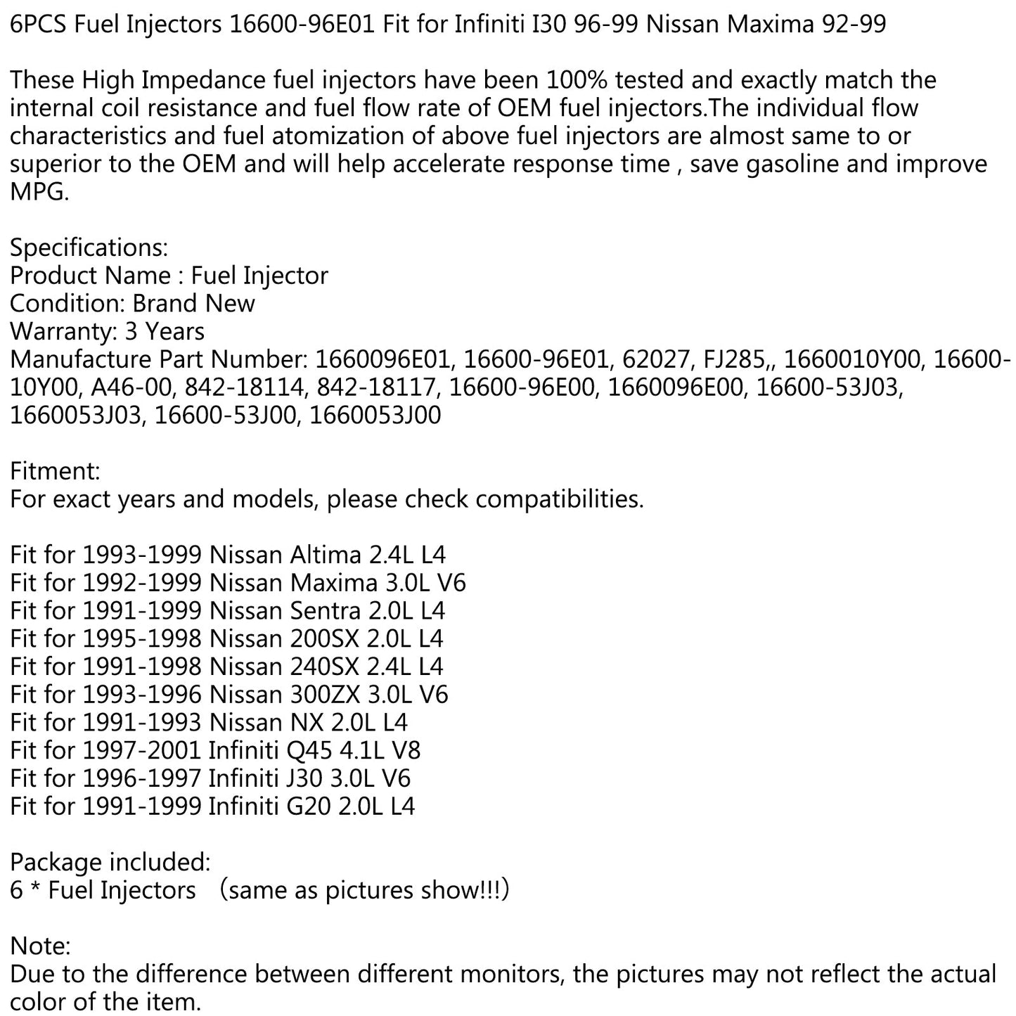 6PCS Iniettori di Carburante 16600-96E01 Fit per Infiniti I30 96-99 Nissan Maxima 92-99 Generico