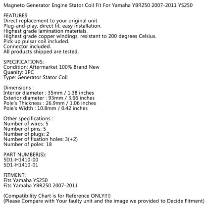 Generatore statore per Yamaha YS250 YBR250 2007-2011 5D1-H1410-00 5D1-H1410-01 Generico