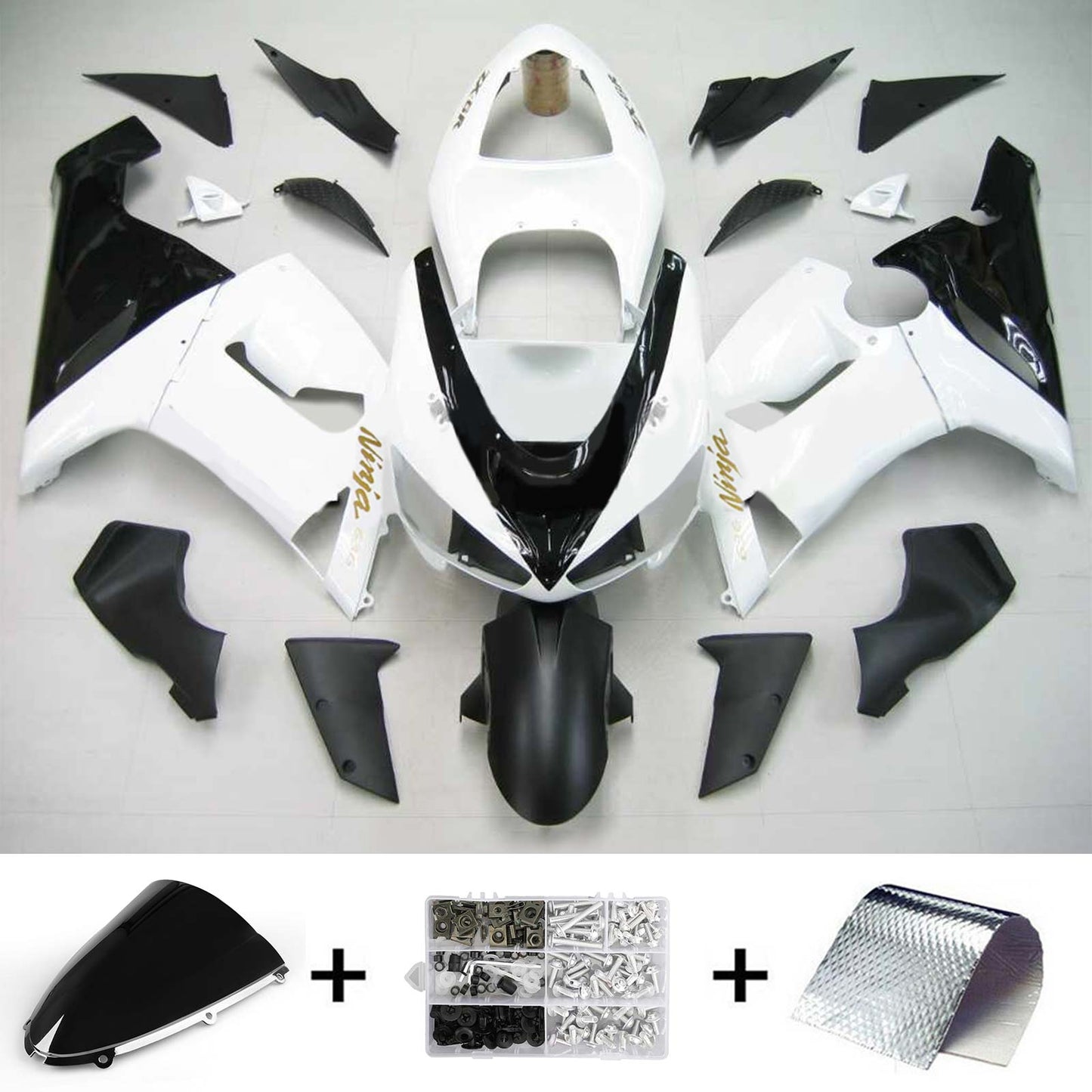 Amotopart Kawasaki 2005-2006 ZX6R 636 kit di paura nero bianco