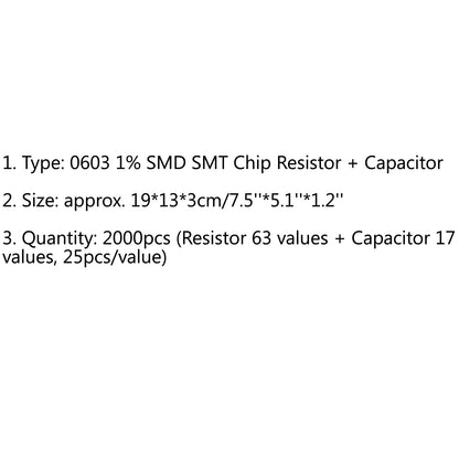2000 PZ 0603 1% SMD Chip Resistore SMT 63 Valori + Condensatore 17 Valore Campione