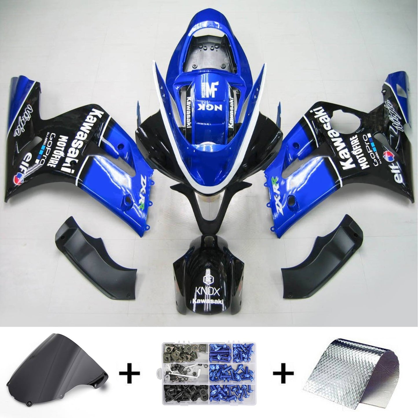 Amotopart 2003-2004 Kawasaki ZX6R 636 Kit di paura nera Blu lucido