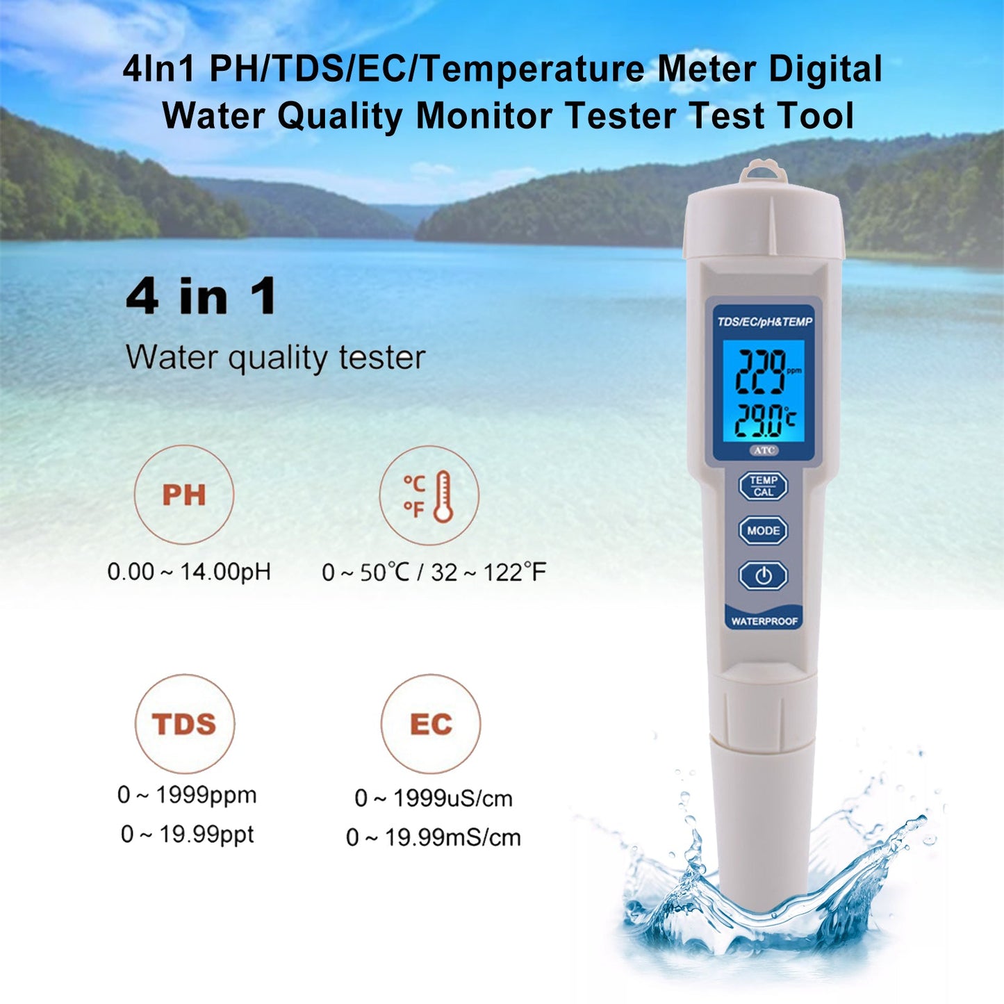 4In1 PH/TDS/EC/Misuratore di temperatura Strumento di test del tester del monitor della qualità dell'acqua digitale