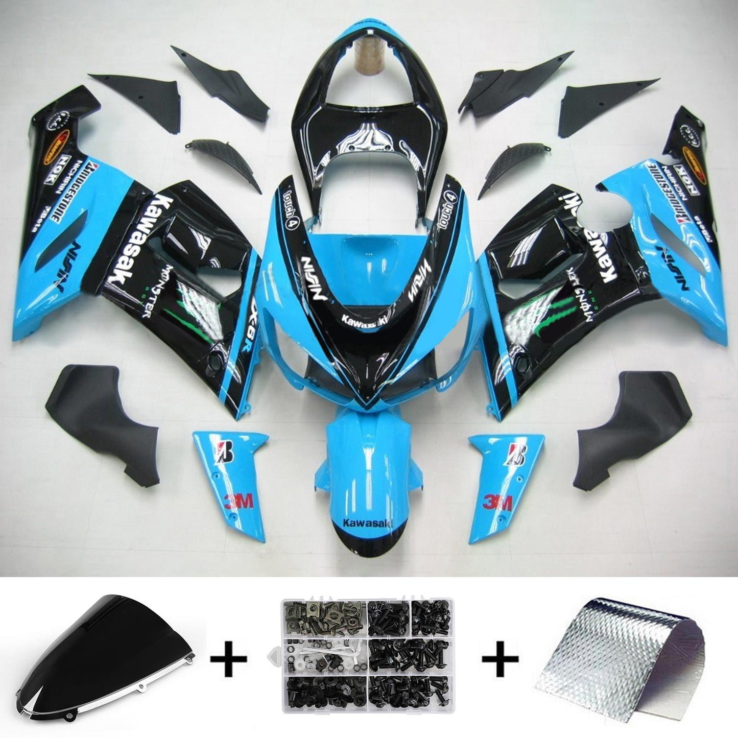 Amotopart Kawasaki 2005-2006 ZX6R 636 Kit di trigger blu nero