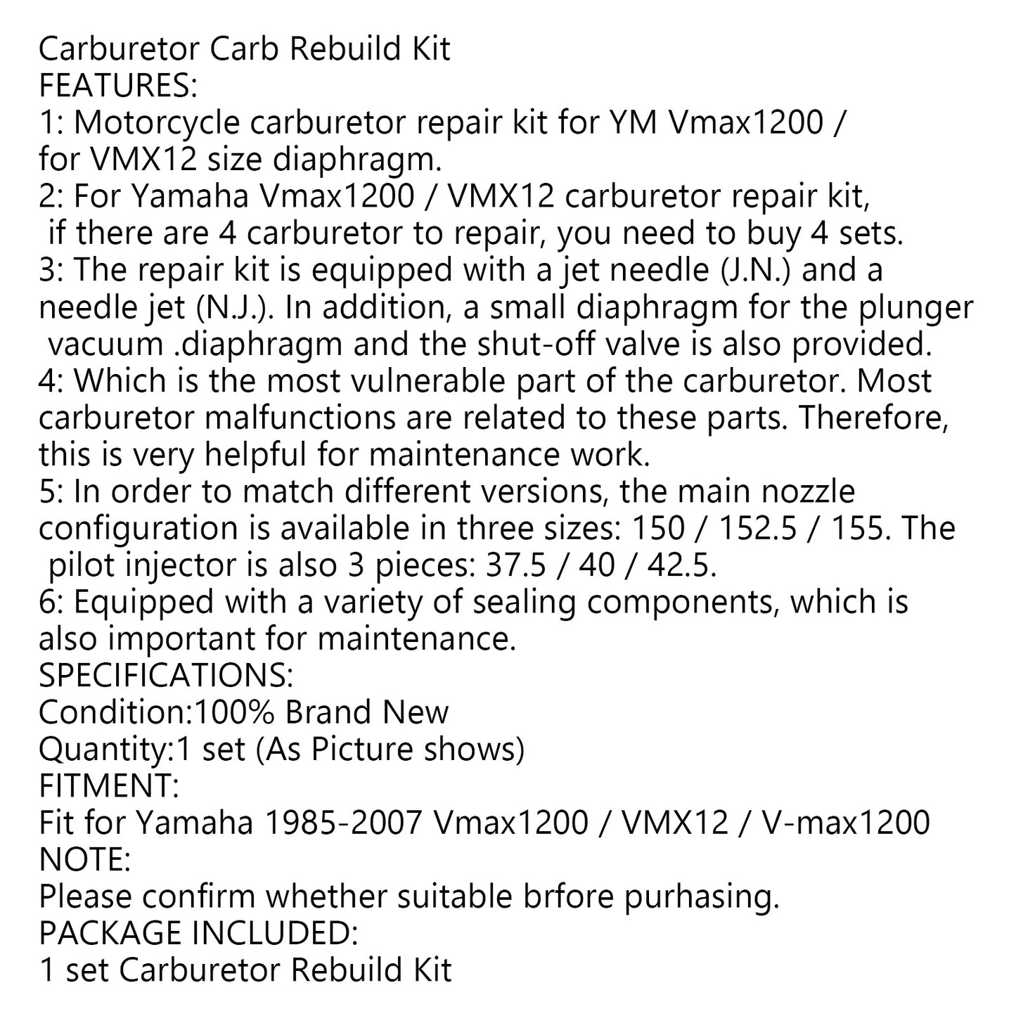 Carburatore Rebuild Repair Kit Main Jet Sub per Yamaha VMAX V-Max 1200 VMX12 Generico