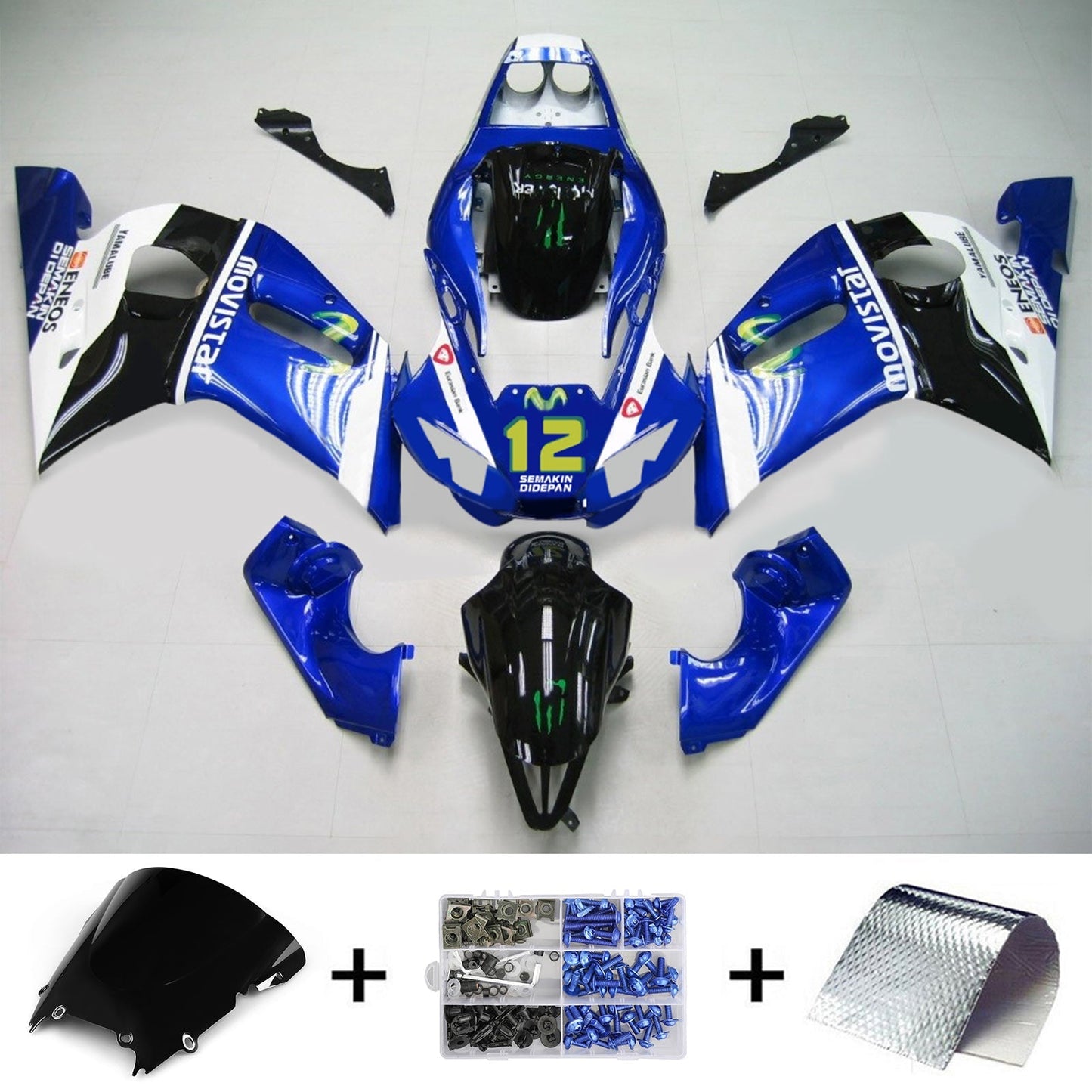 Amotopart Yamaha 1998-2002 YZF 600 R6 Kit carenatura blu bianco nero