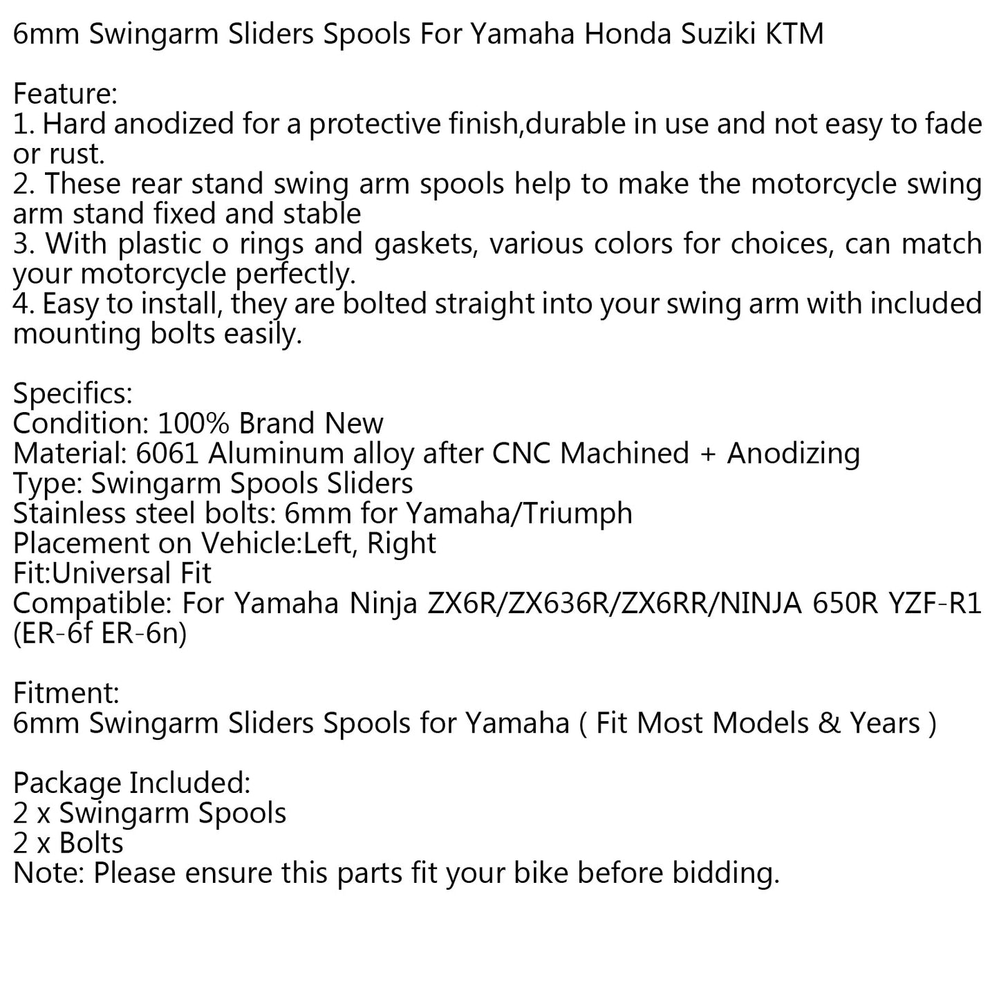 Bobine per cursori forcellone da 6 mm per Yamaha Honda Suzuki KTM Generico