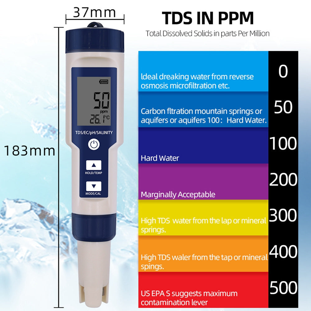 Strumento di test del misuratore di qualità dell'acqua digitale 5in1 PH/TDS/EC/Salinità/Temperatura