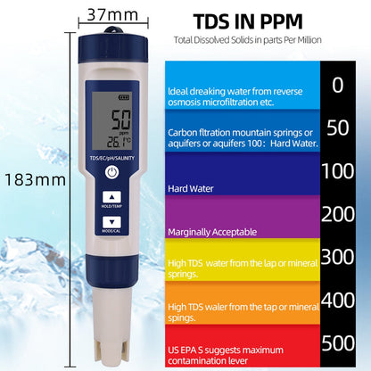 Strumento di test del misuratore di qualità dell'acqua digitale 5in1 PH/TDS/EC/Salinità/Temperatura