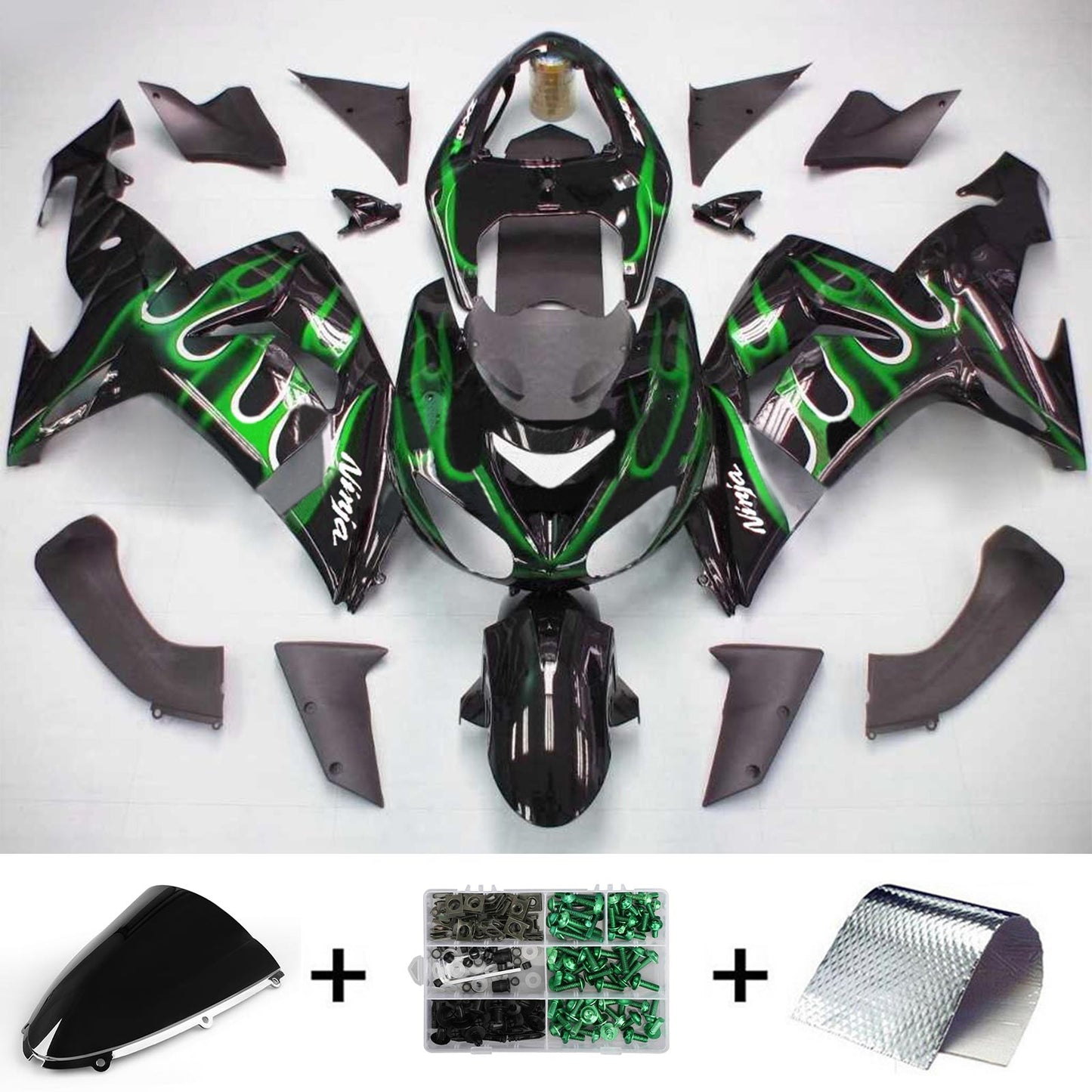 Amotopart Kawasaki ZX10R 2006-2007 Kit di paura verde nero