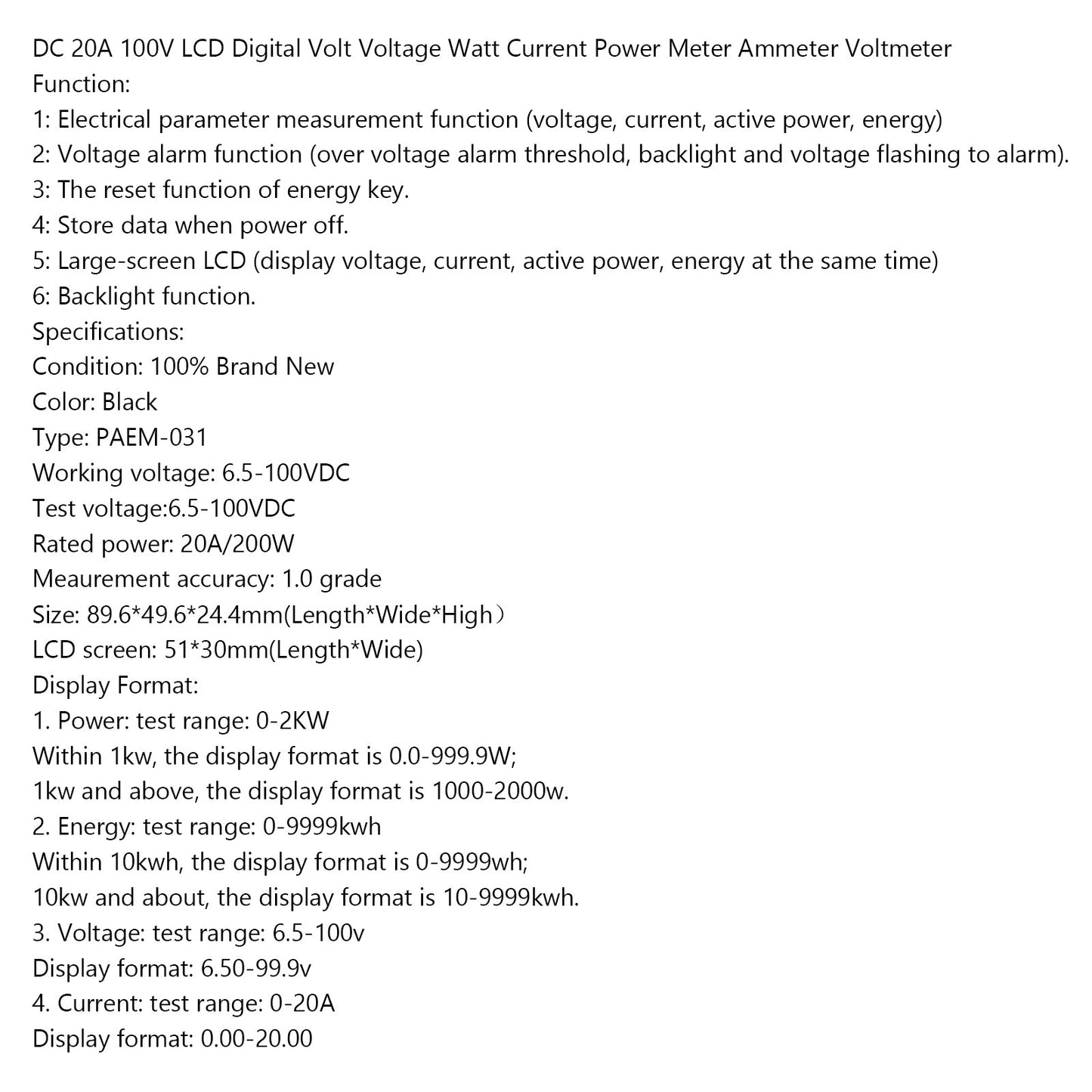 DC 20A 100V LCD Digital Volt Tensione Watt Corrente Misuratore di potenza Amperometro Voltmetro