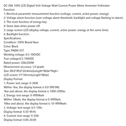 DC 20A 100V LCD Digital Volt Tensione Watt Corrente Misuratore di potenza Amperometro Voltmetro