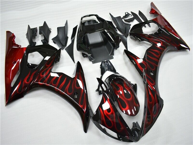 Amotopart 2003-2004 Yamaha YZF R6 Cladding Black & Red Flame Kit