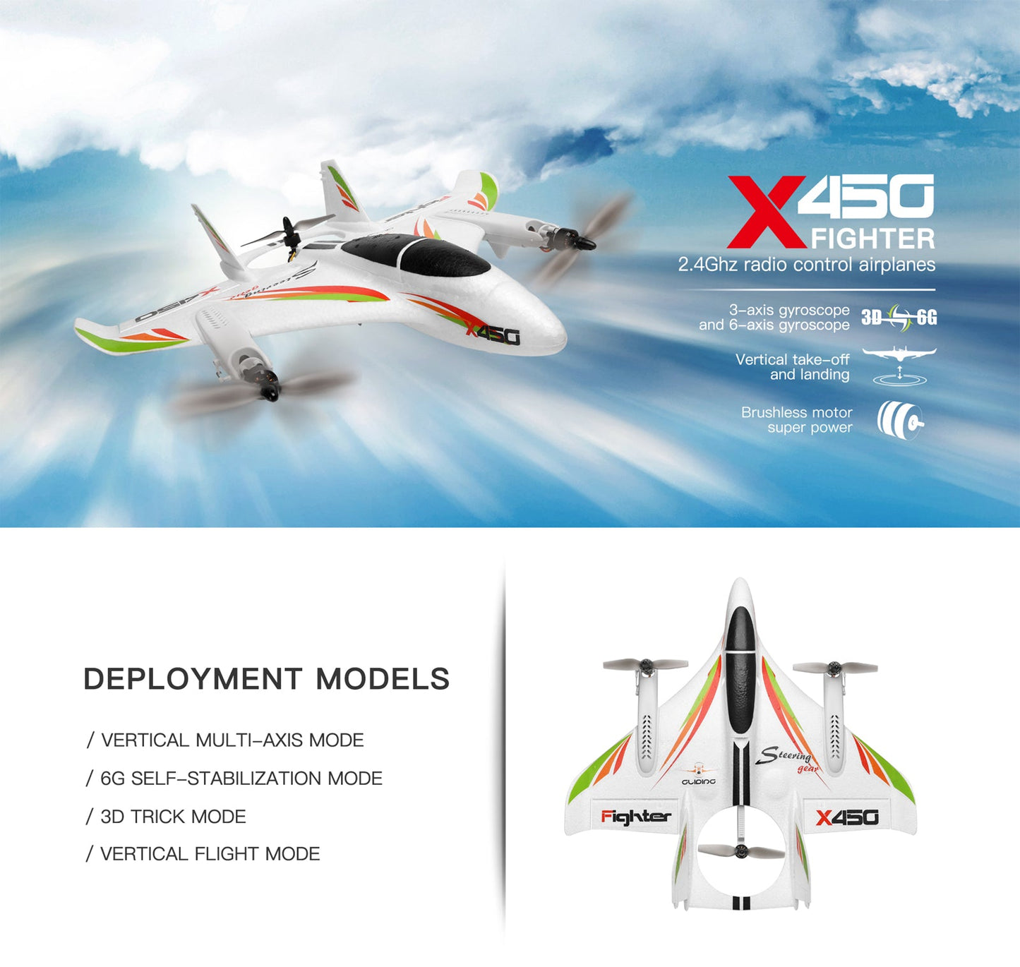 WLtoys XK X450 RC Airplane Brushless 2.4G 6CH 3D/6G LED ad ala fissa RTF