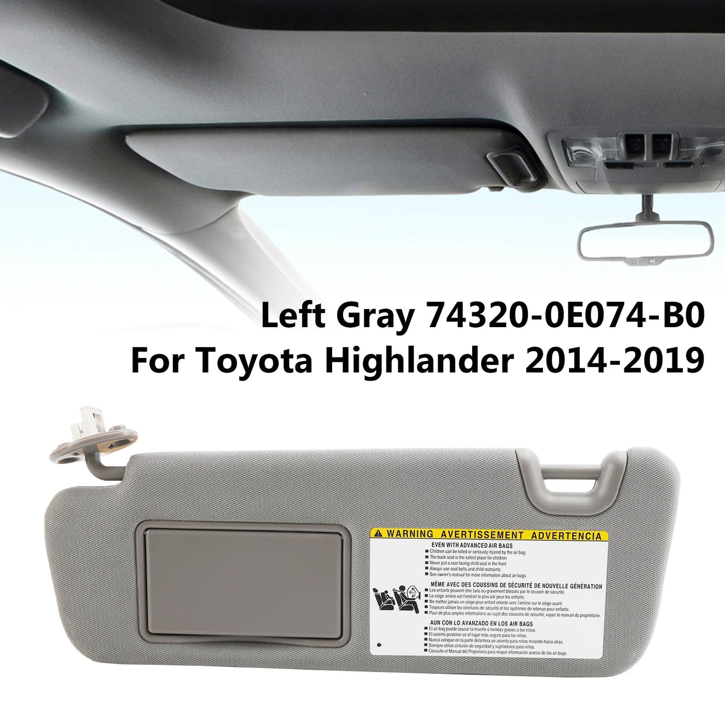 Toyota Highlander 2014-2019 Visiera parasole sinistra con Vanity grigio chiaro 74320-0E074-B0
